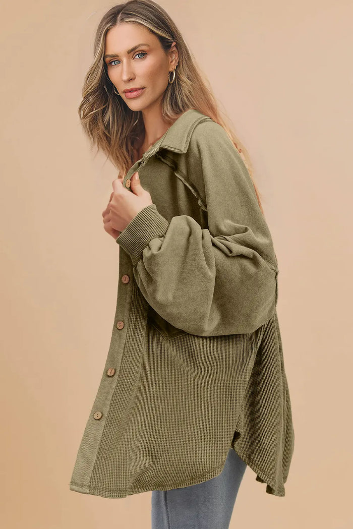 Waffle Knit Patchwork Buttoned Oversized Shacket – Moss Green