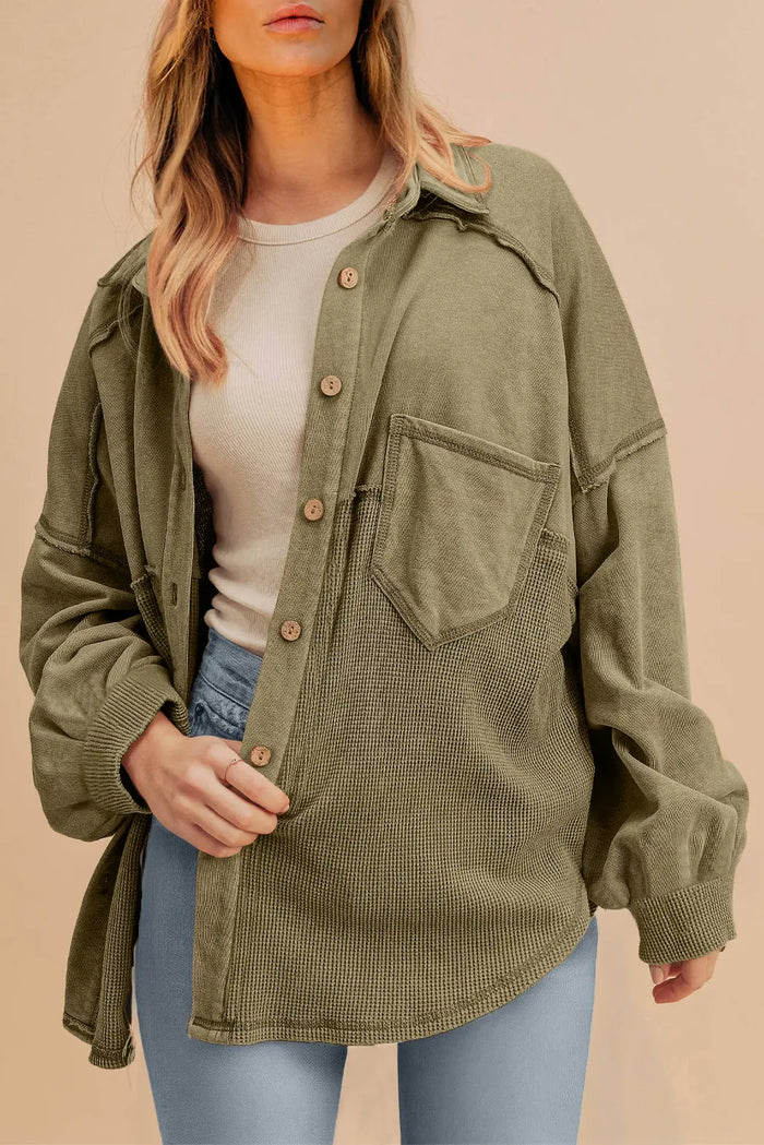 Waffle Knit Patchwork Buttoned Oversized Shacket – Moss Green