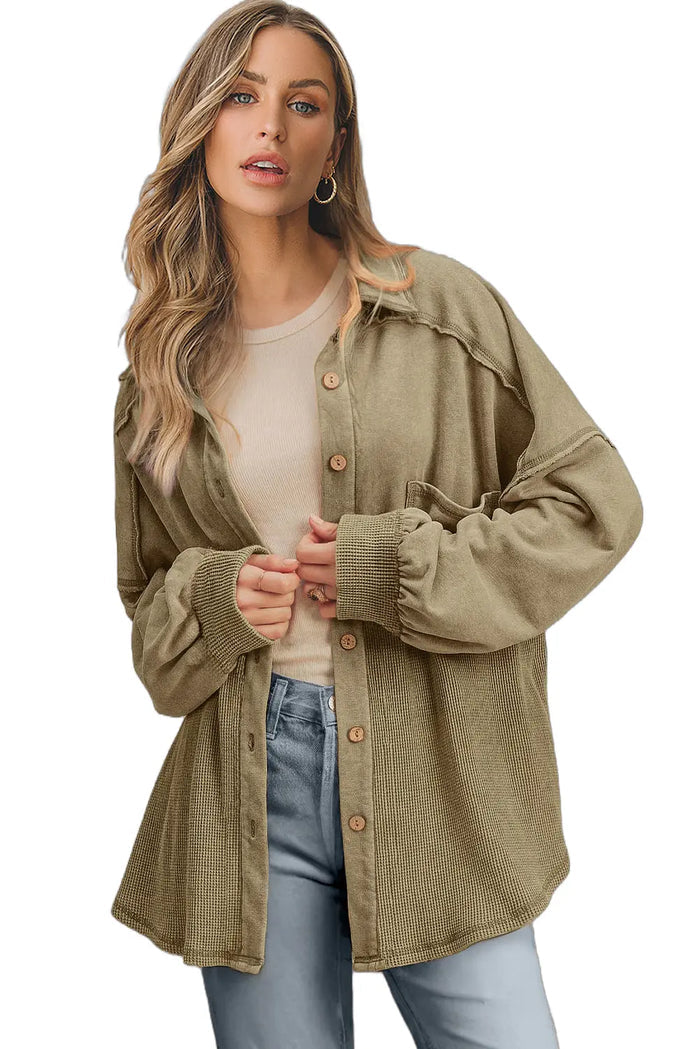 Waffle Knit Patchwork Buttoned Oversized Shacket – Moss Green