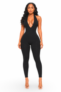 Well Behaved - Women's Front Deep V Halter Neck Back Tie Jumpsuit