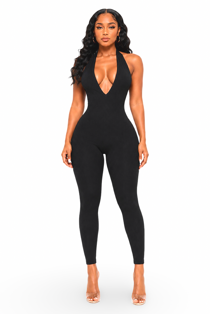 Well Behaved - Women's Front Deep V Halter Neck Back Tie Jumpsuit