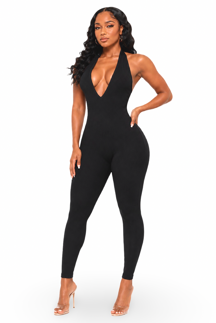 Well Behaved - Women's Front Deep V Halter Neck Back Tie Jumpsuit