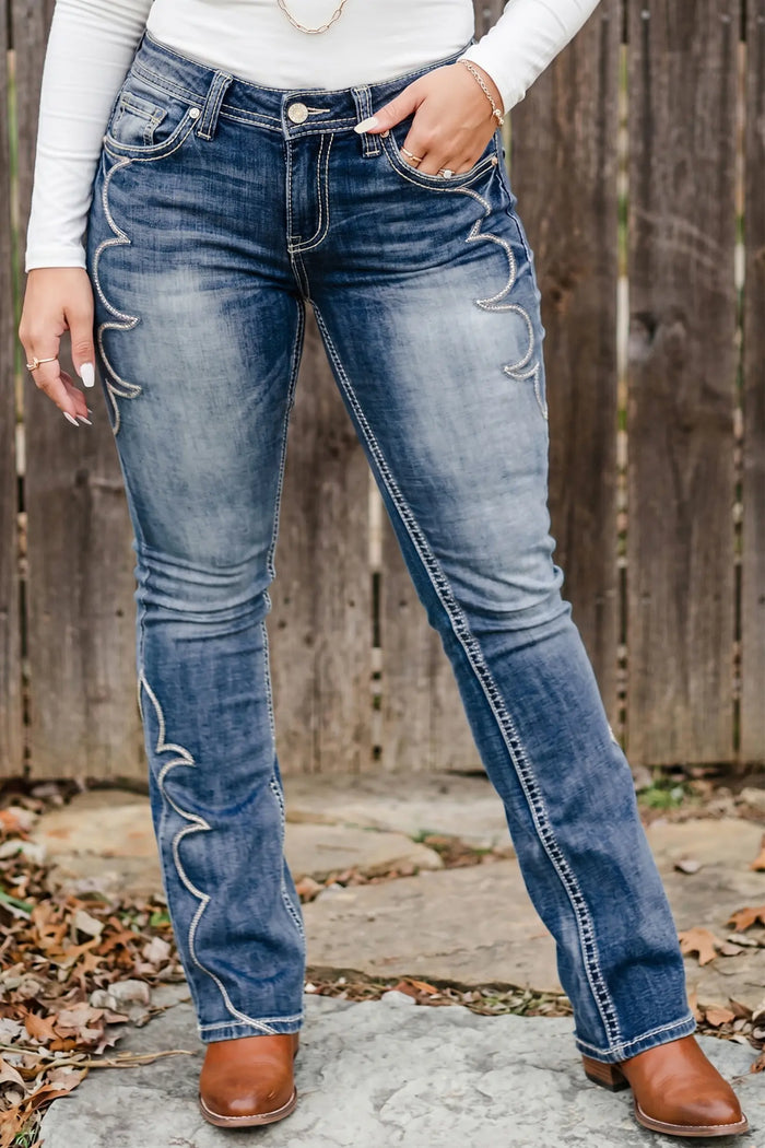Western Embroidered Flare Full Length Jeans – Blue