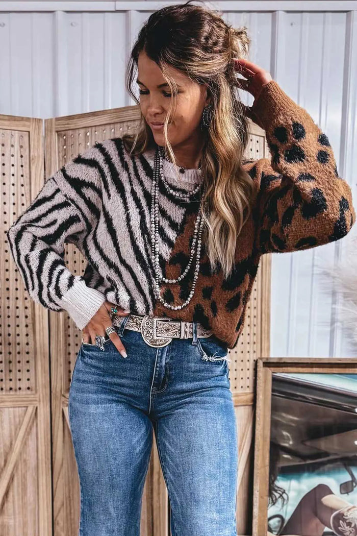 Western Leopard Zebra Print Long Sleeve Round Neck Sweater – Coffee