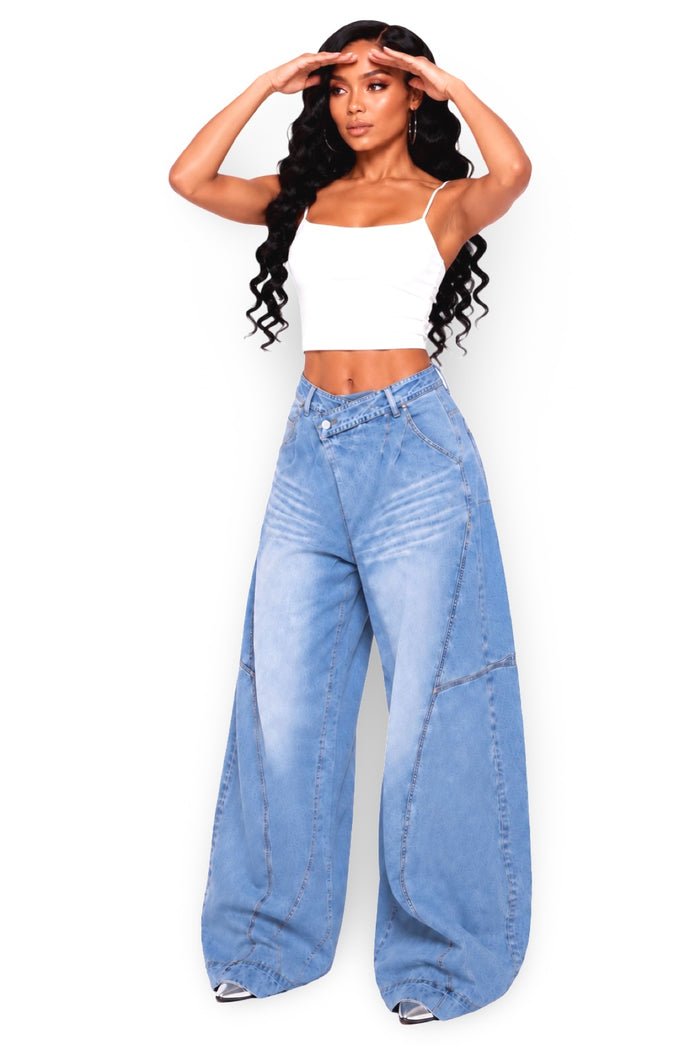What You Saying - Baggy Oversized Cargo Detail Asymmetric Waist Denim Jeans