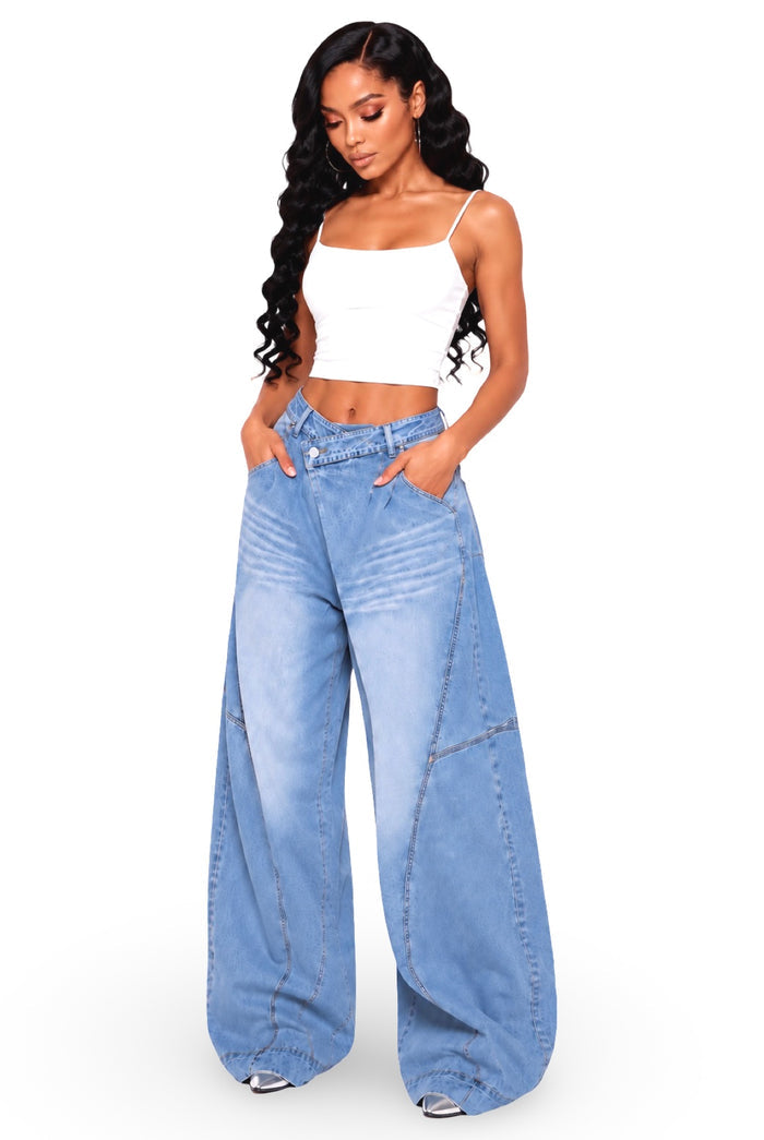 What You Saying - Baggy Oversized Cargo Detail Asymmetric Waist Denim Jeans