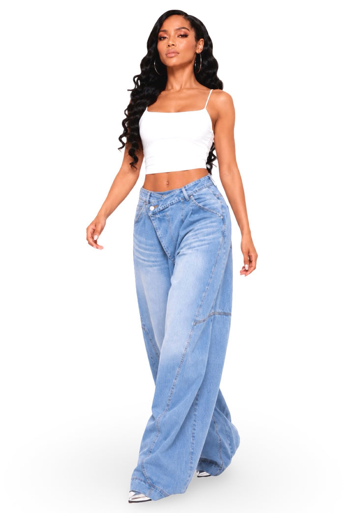What You Saying - Baggy Oversized Cargo Detail Asymmetric Waist Denim Jeans