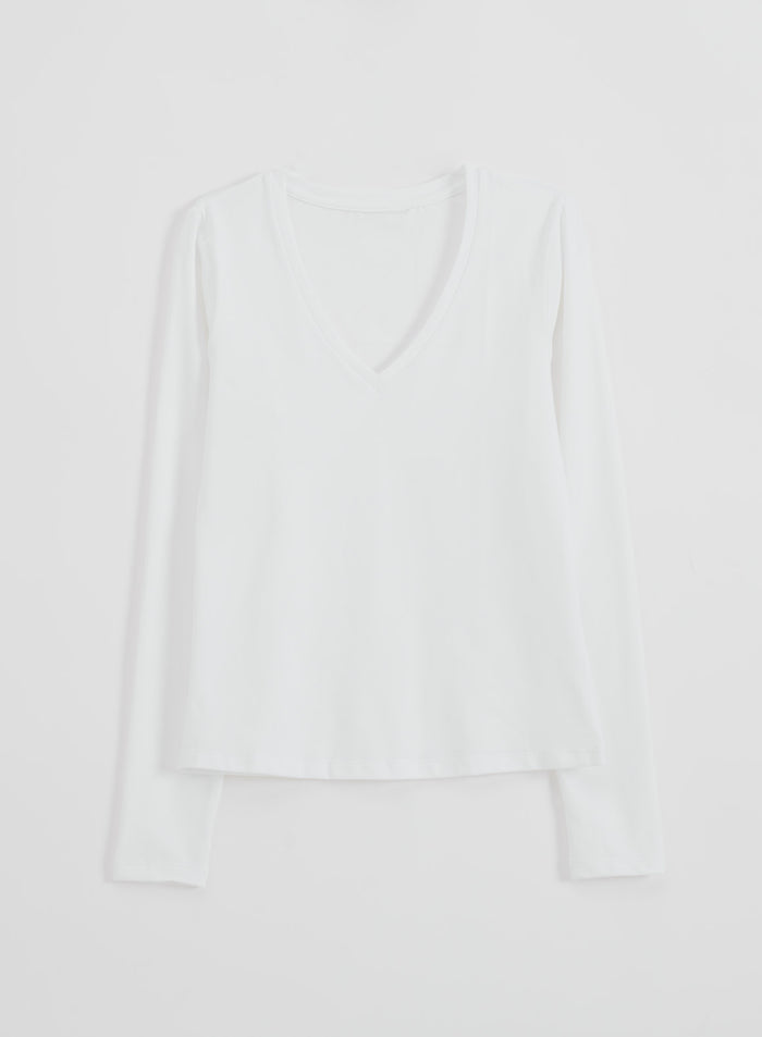 White Soft Basic V-neck Long Sleeve