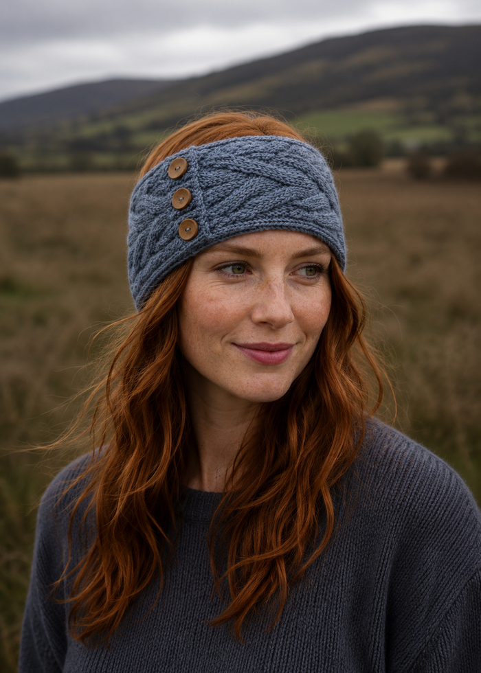 Women's Aran Button Headband | Ocean Grey