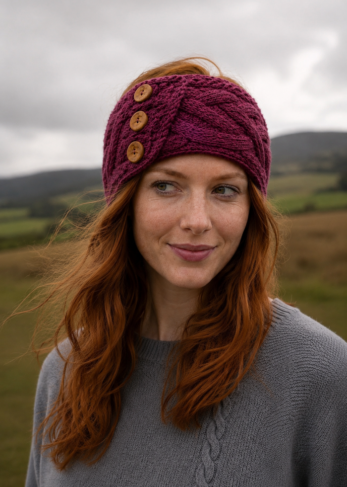Women's Aran Button Headband | Raspberry