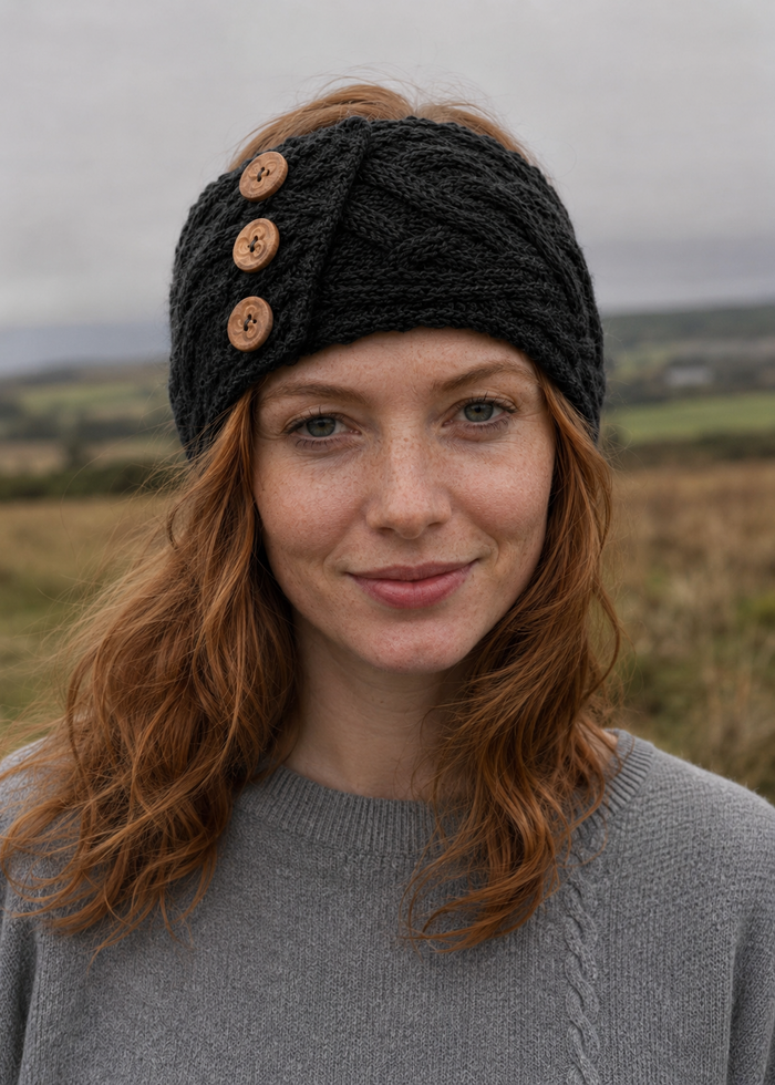 Women's Aran Button Headband | Slate Grey