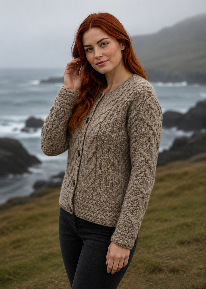 Women's Aran Cable Knit Cardigan - Sand | 100% Merino Wool