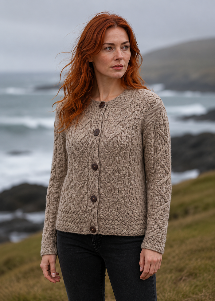 Women's Aran Cable Knit Cardigan - Sand | 100% Merino Wool