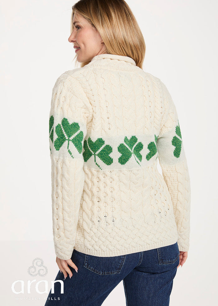 Women's Aran Merino Wool Shamrock Roll Neck Sweater