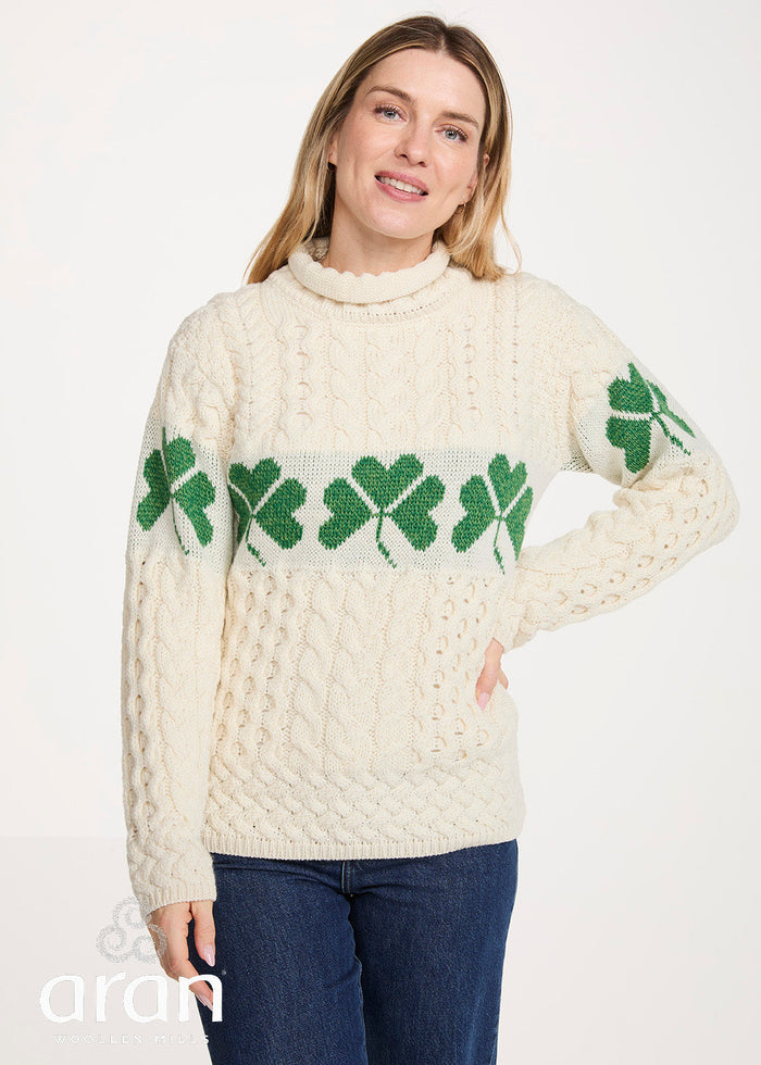 Women's Aran Merino Wool Shamrock Roll Neck Sweater