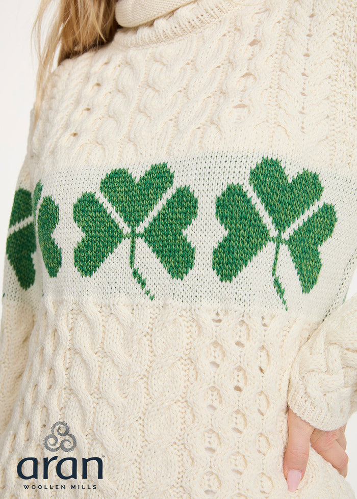 Women's Aran Merino Wool Shamrock Roll Neck Sweater