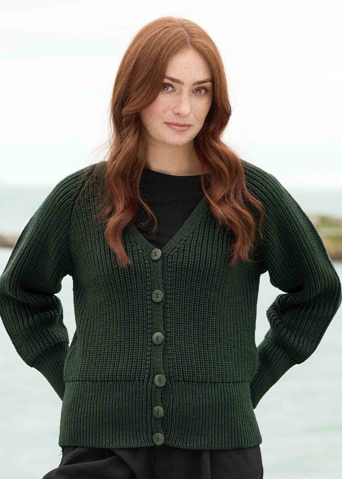 Women's Aran Crafts Ribbed Button V Neck Cardigan | Cedar