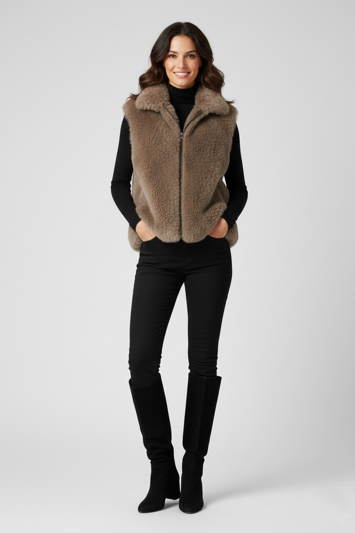 Women's Beige Shearling Fur Vest