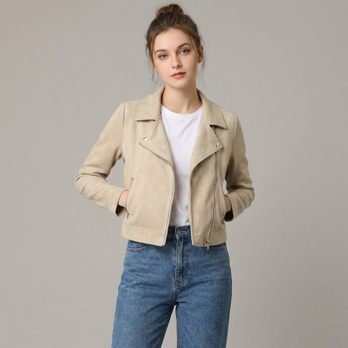 Women's Beige Suede Moto Jacket