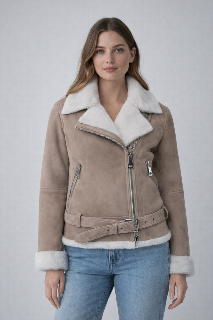 Women's Beige Suede Shearling Biker Jacket