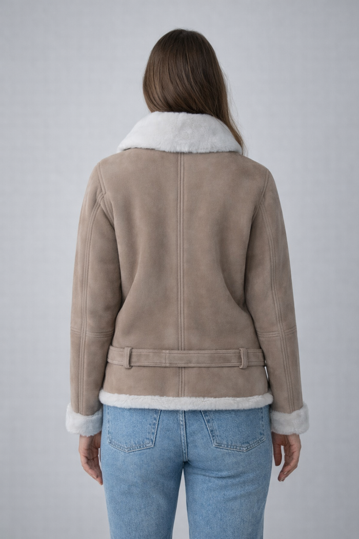 Women's Beige Suede Shearling Biker Jacket