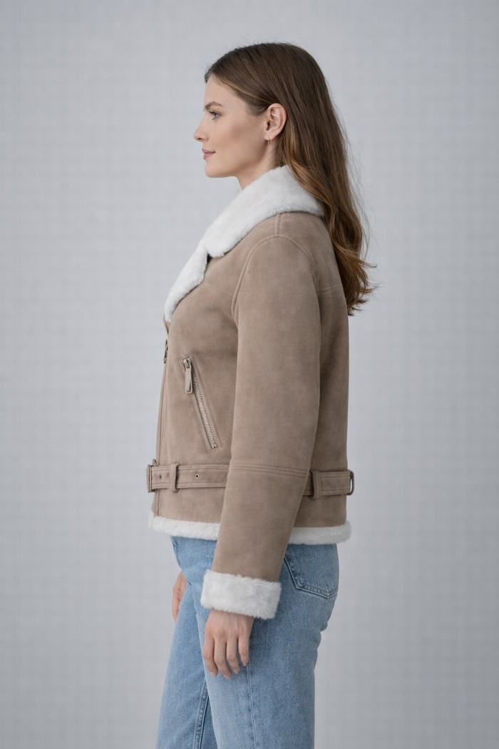 Women's Beige Suede Shearling Biker Jacket