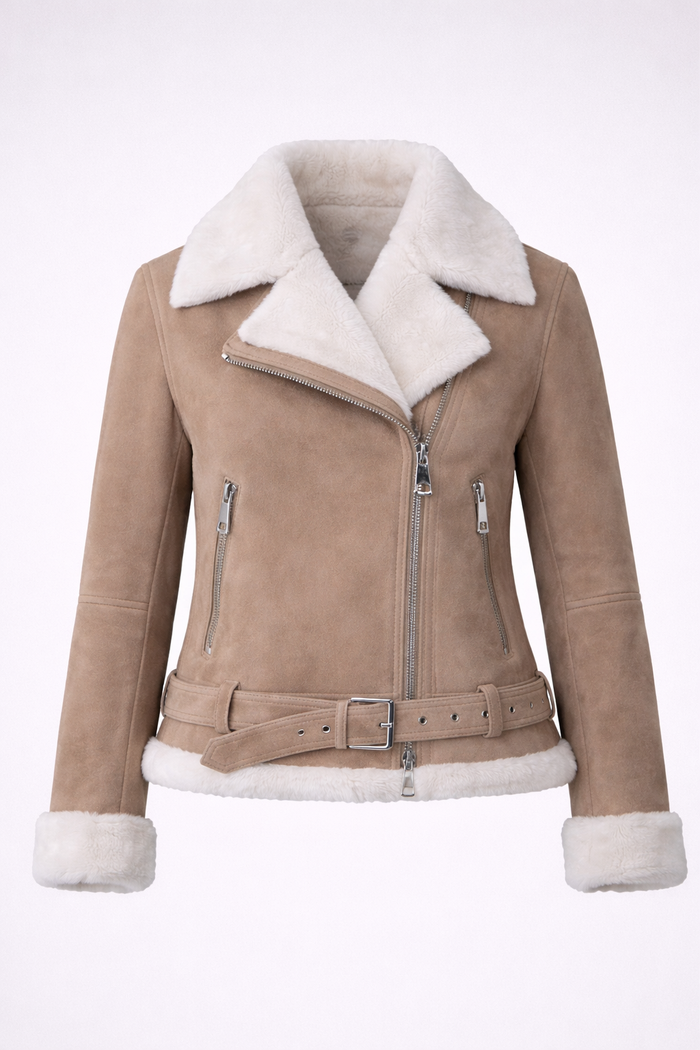 Women's Beige Suede Shearling Biker Jacket