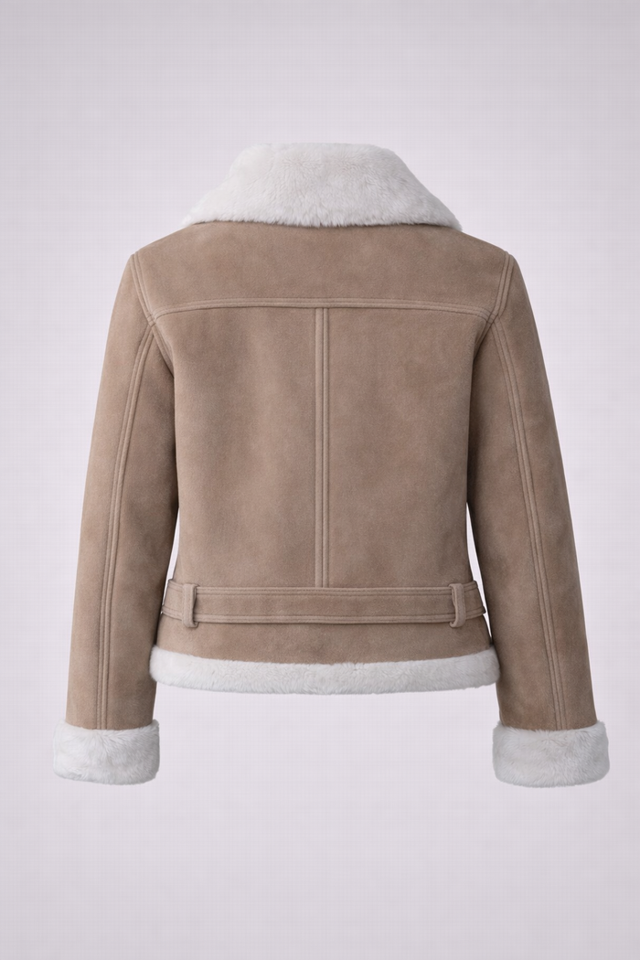 Women's Beige Suede Shearling Biker Jacket