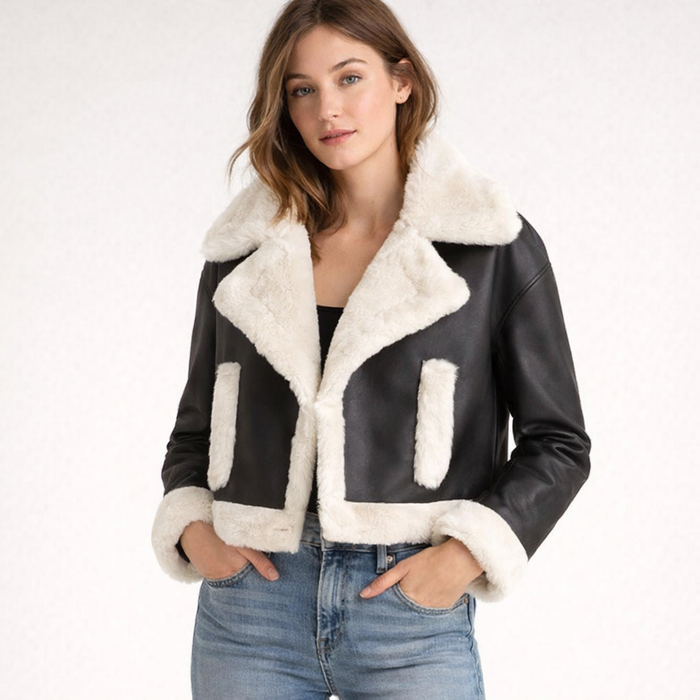 Women's Black Leather & White Shearling Jacket