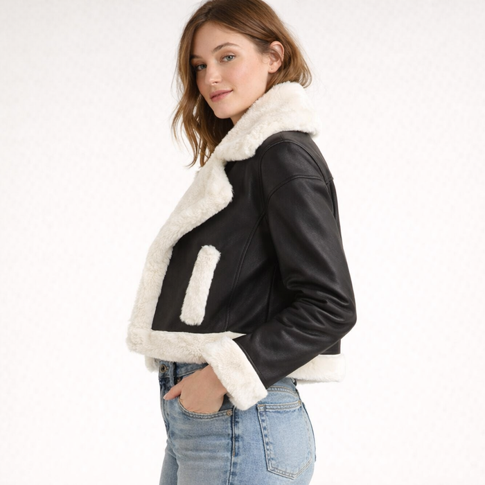 Women's Black Leather & White Shearling Jacket