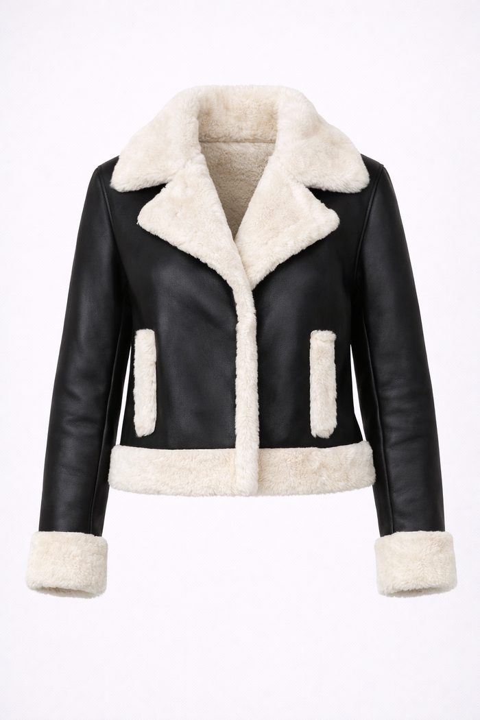Women's Black Leather & White Shearling Jacket