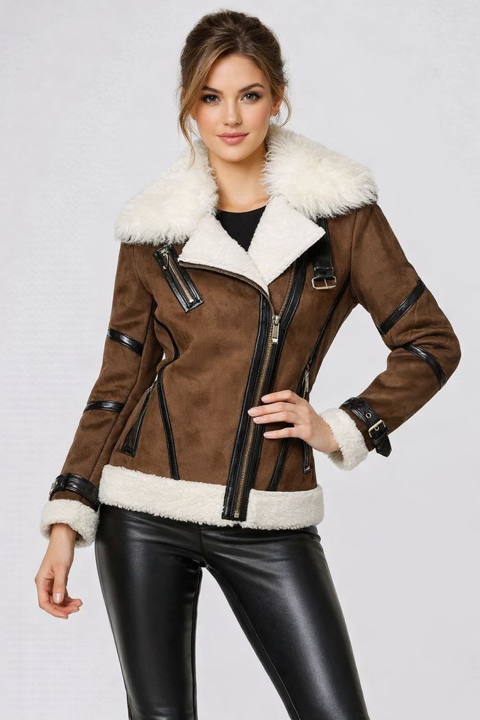 Women's Brown Shearling Bomber Jacket