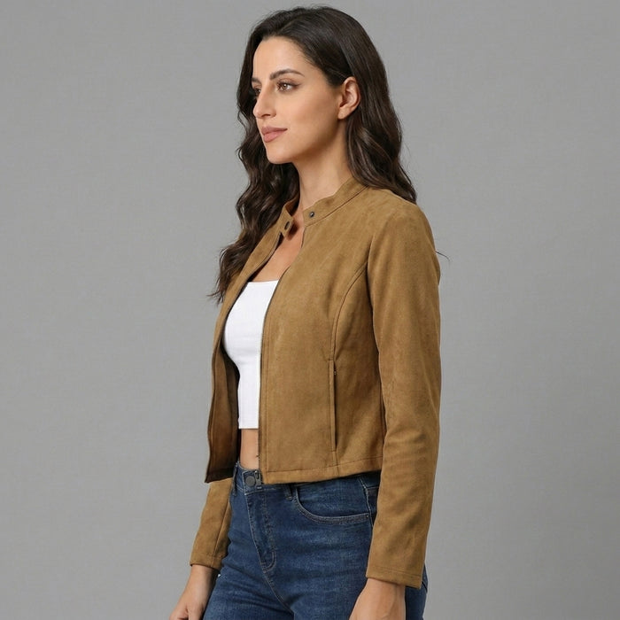 Women's Brown Suede Cropped Moto Jacket