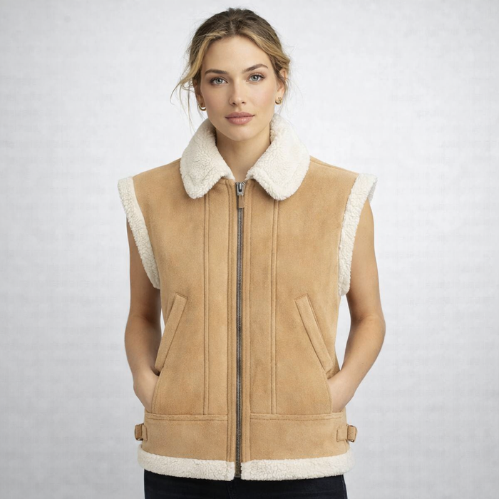 Women's Camel Suede Cropped Shearling Vest