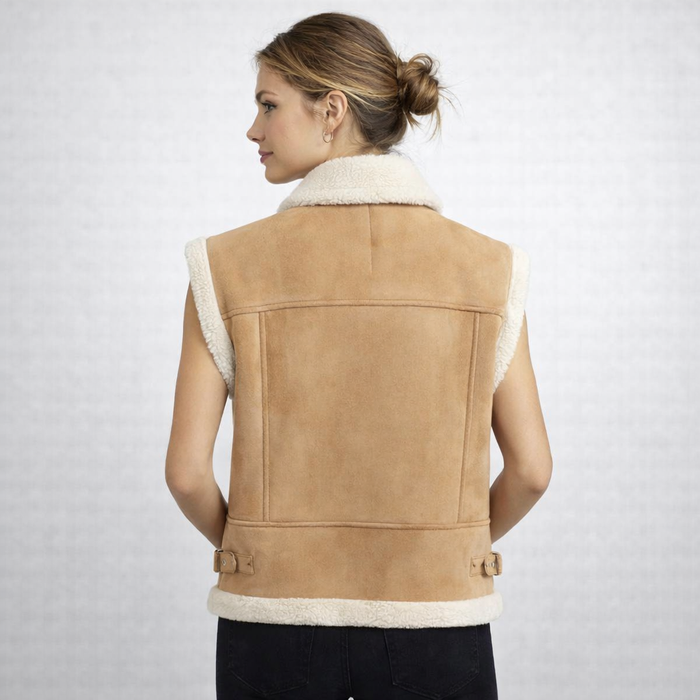 Women's Camel Suede Cropped Shearling Vest