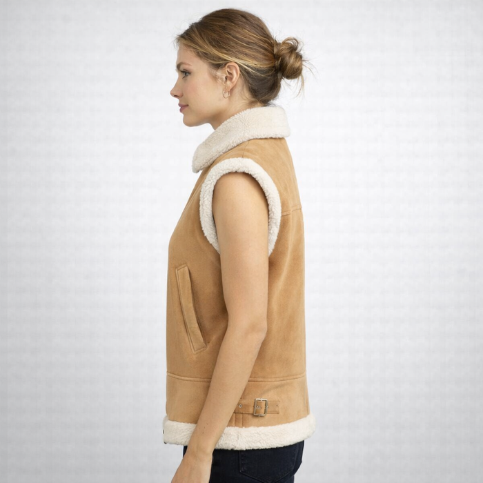 Women's Camel Suede Cropped Shearling Vest