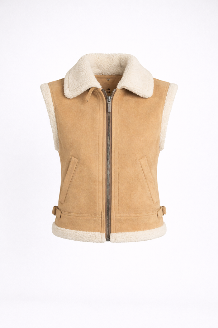 Women's Camel Suede Cropped Shearling Vest