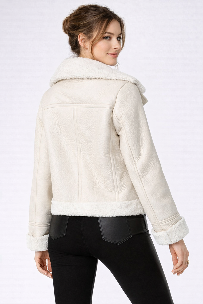 Women's Cream Suede Shearling Moto Jacket