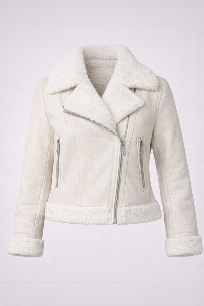 Women's Cream Suede Shearling Moto Jacket