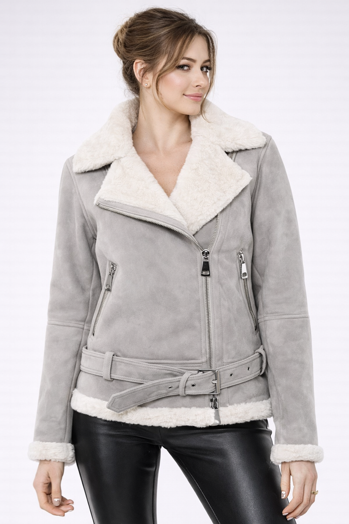 Women's Grey Leather & White Shearling Jacket