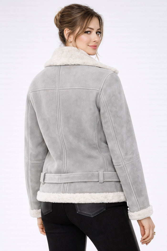 Women's Grey Leather & White Shearling Jacket