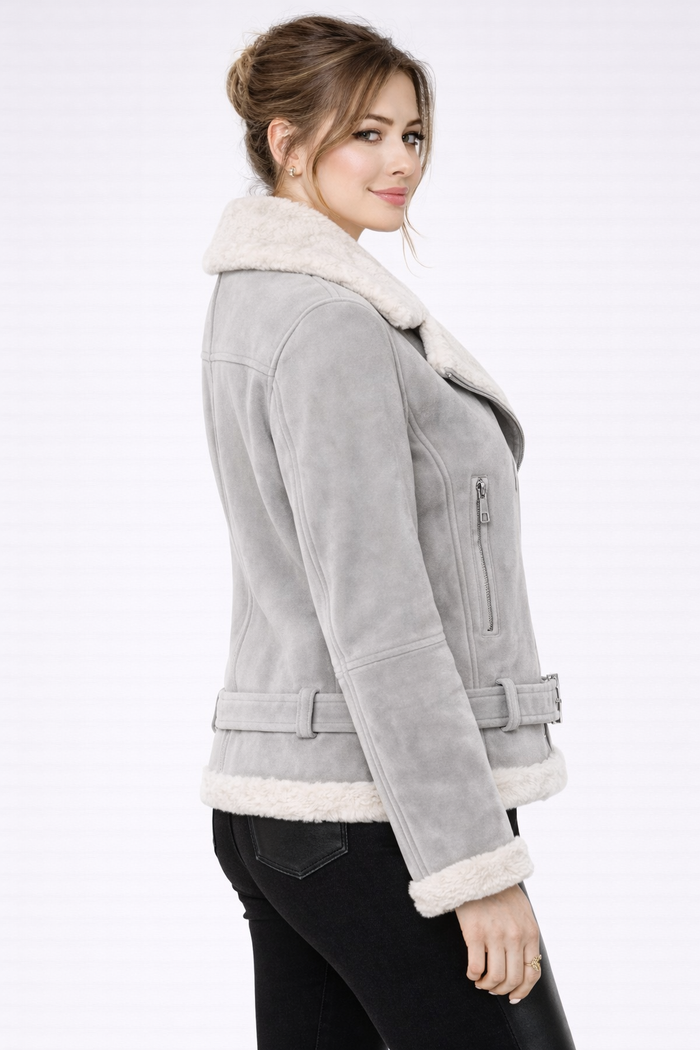 Women's Grey Leather & White Shearling Jacket