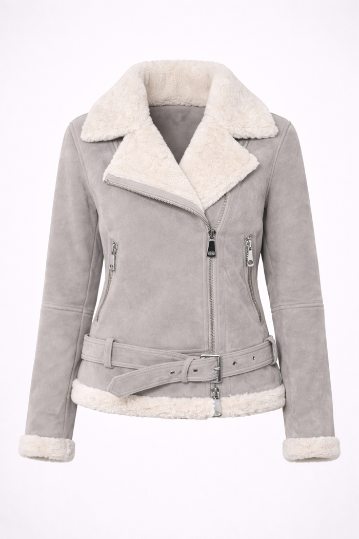 Women's Grey Leather & White Shearling Jacket