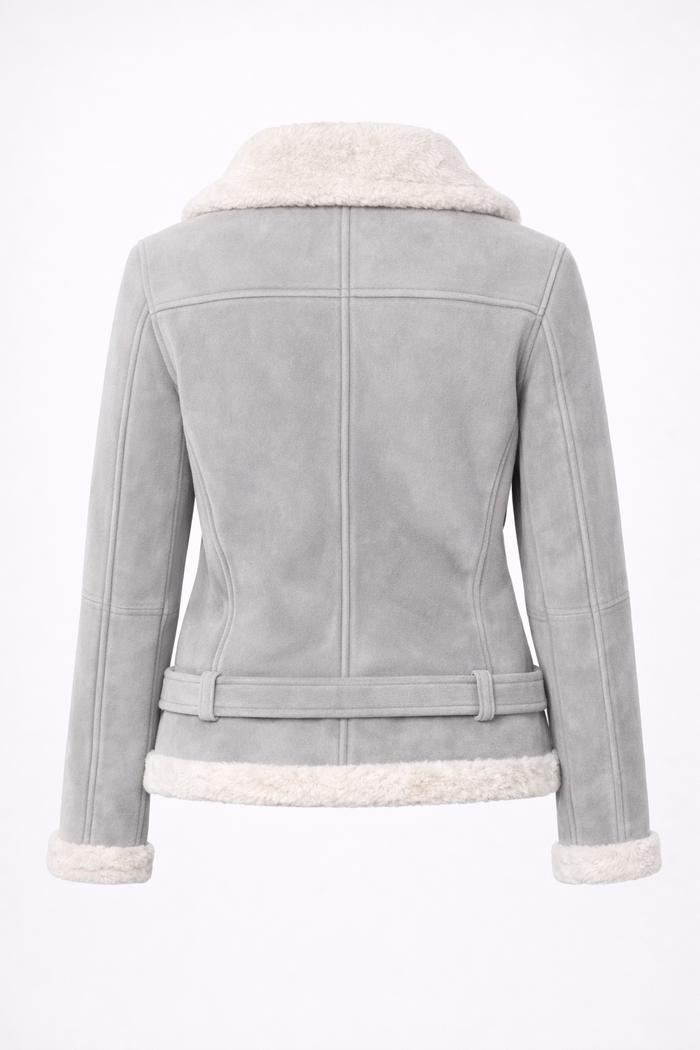 Women's Grey Leather & White Shearling Jacket
