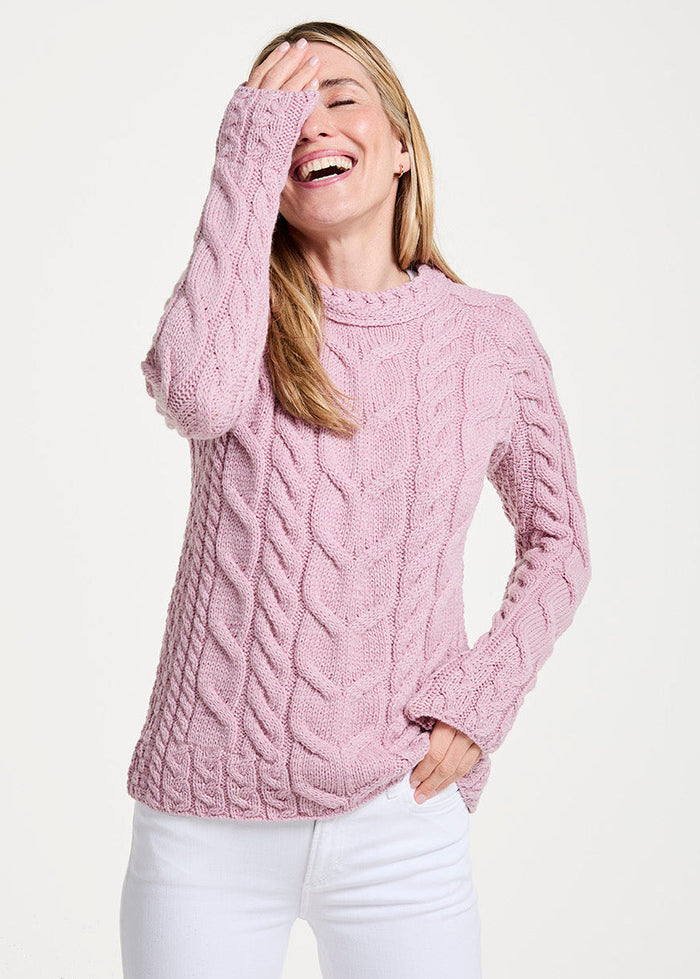 Listowel Ladies Aran Cabled Sweater | Pink
