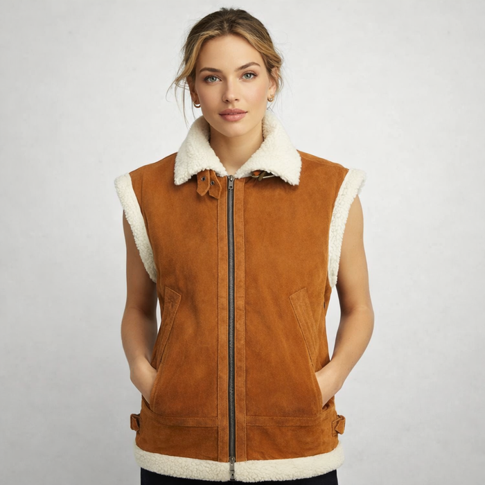 Women's Tan Suede Shearling Collar Vest