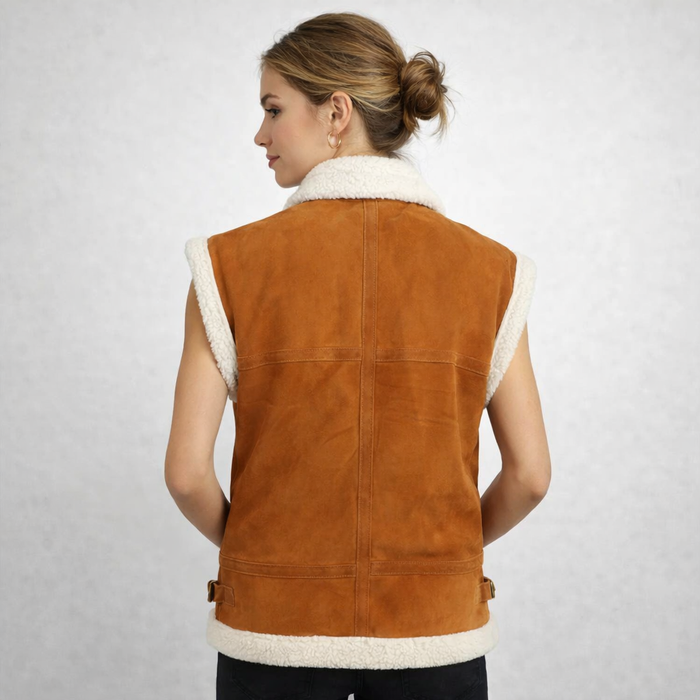 Women's Tan Suede Shearling Collar Vest