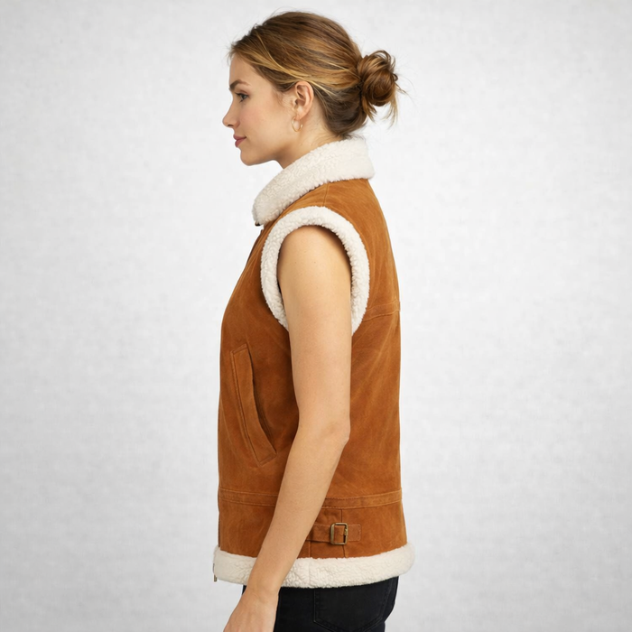 Women's Tan Suede Shearling Collar Vest