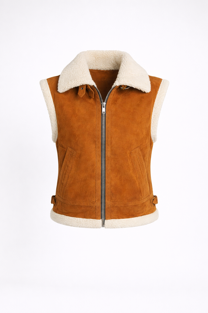Women's Tan Suede Shearling Collar Vest