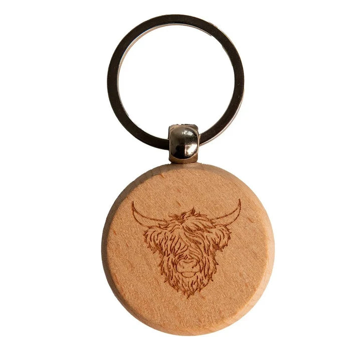 Wooden Highland Cow Keyring – Engraved Scottish Souvenir Natural Wood Keychain - Heritage Of Scotland -